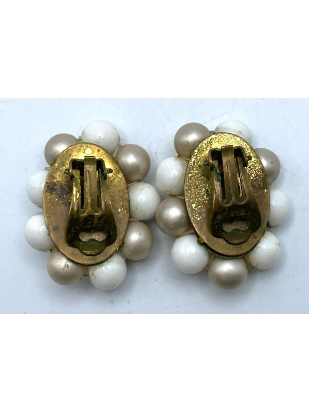 Clip On Earrings MCM White Beaded Faux Pearl West Germany 1950's 50's MARKED! - Picture 5 of 7